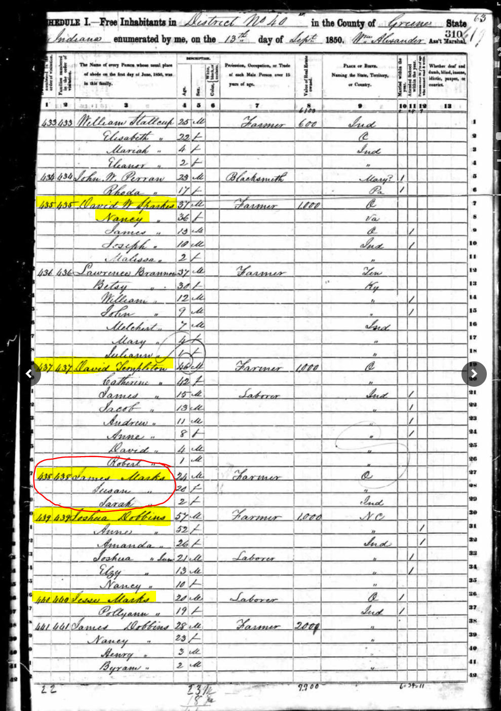 Family Marks James 1850 Census