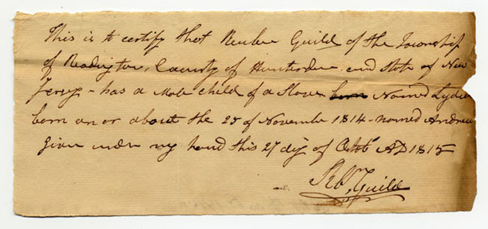 Dunham Slaves Andrew son of Lydia born 25 November 1814